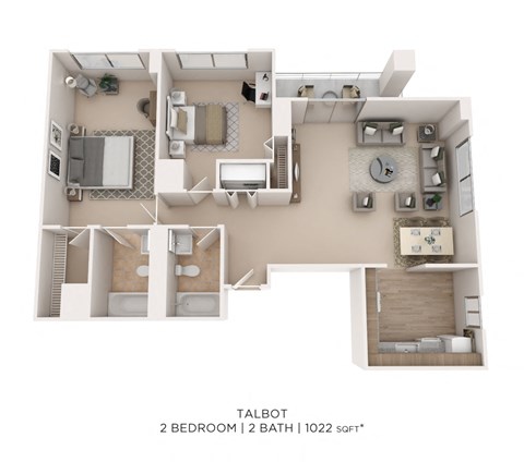 Floor plan for 2 beds, 2 baths, 1022 sqft