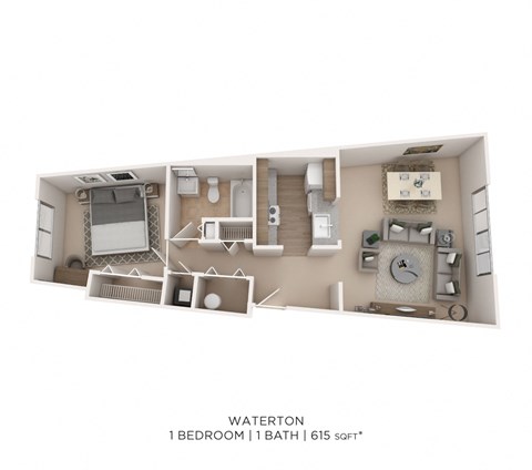 Floor plan for 1 bed, 1 bath, 615 sqft