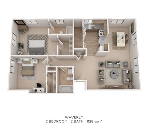 Floor plan for 2 beds, 2 baths, 1128 sqft