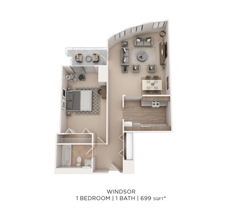 Floor plan for 1 bed, 1 bath, 699 sqft