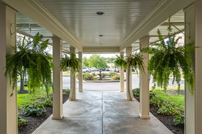 Cincinnati apartment for rent - A long covered walkway with plants on the sides.