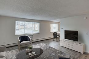 Quakertown apartment for rent - A living room with a grey couch, a coffee table, and a television.