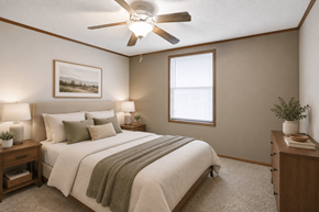 Louisville apartment for rent - A bedroom with a bed, nightstands, and a ceiling fan.