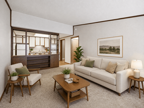 Belcamp apartment for rent - A living room with a white couch, a wooden coffee table, and a large window.