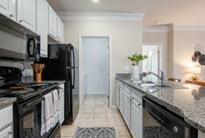 Columbus townhouse for rent - a kitchen with black appliances and granite counter tops