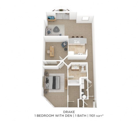Floor plan for 1 bed, 1 bath, 1101 sqft