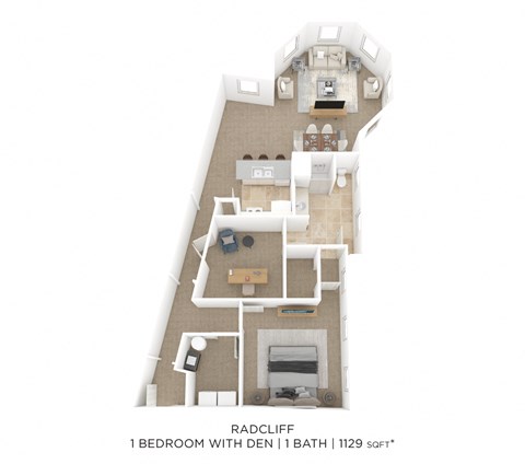Floor plan for 1 bed, 1 bath, 1129 sqft
