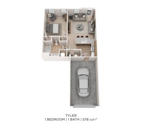 Floor plan for 1 bed, 1 bath, 578 sqft