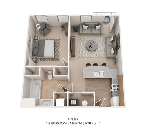 Floor plan for 1 bed, 1 bath, 578 sqft