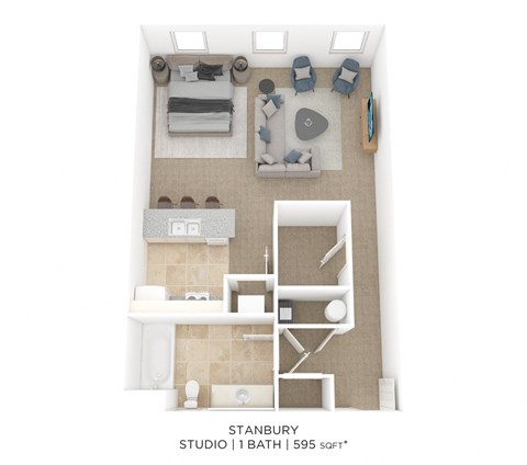 Floor plan for studio, 1 bath, 595 sqft