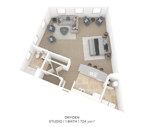 Floor plan for studio, 1 bath, 724 sqft