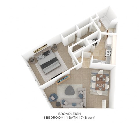Floor plan for 1 bed, 1 bath, 748 sqft