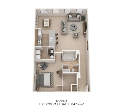 Floor plan for 1 bed, 1 bath, 847 sqft