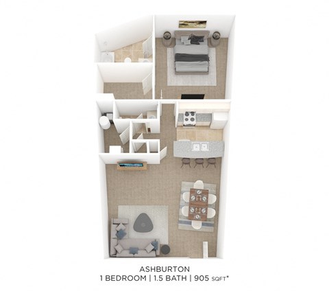 Floor plan for 1 bed, 1.5 baths, 905 sqft