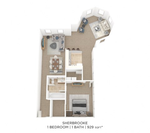 Floor plan for 1 bed, 1 bath, 929 sqft