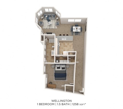 Floor plan for 1 bed, 1.5 baths, 1258 sqft