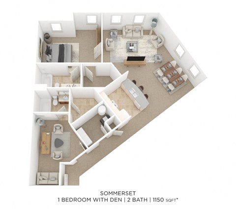 Floor plan for 1 bed, 2 baths, 1150 sqft