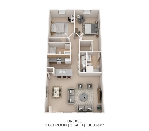 Floor plan for 2 beds, 2 baths, 1000 sqft
