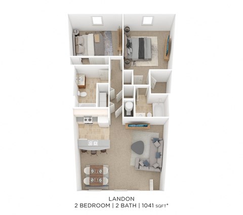 Floor plan for 2 beds, 2 baths, 1041 sqft