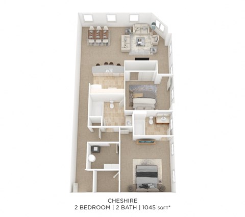 Floor plan for 2 beds, 2 baths, 1045 sqft