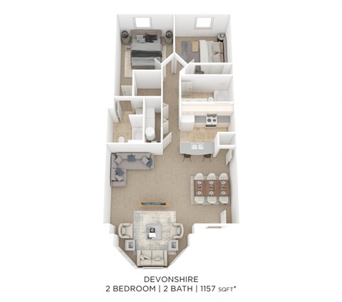 Floor plan for 2 beds, 2 baths, 1157 sqft