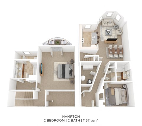 Floor plan for 2 beds, 2 baths, 1167 sqft