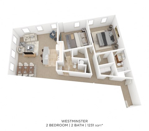 Floor plan for 2 beds, 2 baths, 1231 sqft