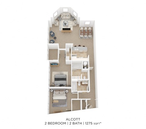 Floor plan for 2 beds, 2 baths, 1275 sqft