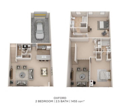 Floor plan for 2 beds, 2.5 baths, 1455 sqft