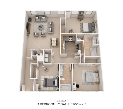 Floor plan for 3 beds, 2 baths, 1200 sqft