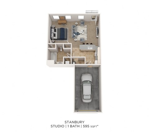Floor plan for studio, 1 bath, 595 sqft