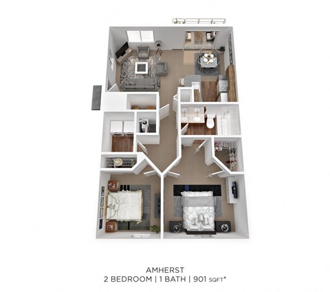Floor plan for 2 beds, 1 bath, 901 sqft