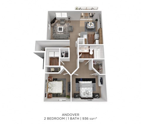 Floor plan for 2 beds, 1 bath, 936 sqft
