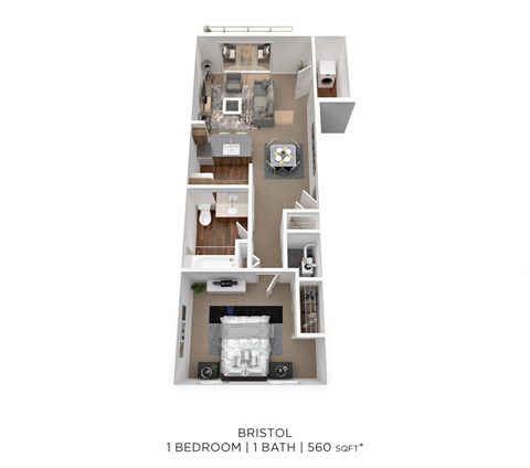 Floor plan for 1 bed, 1 bath, 560 sqft