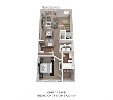 Floor plan for 1 bed, 1 bath, 720 sqft