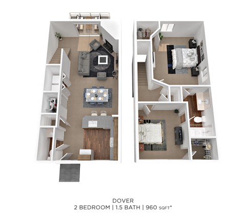 Floor plan for 2 beds, 1.5 baths, 960 sqft