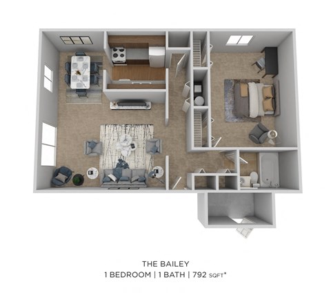 Floor plan for 1 bed, 1 bath, 792 sqft