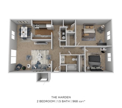Floor plan for 2 beds, 1.5 baths, 968 sqft