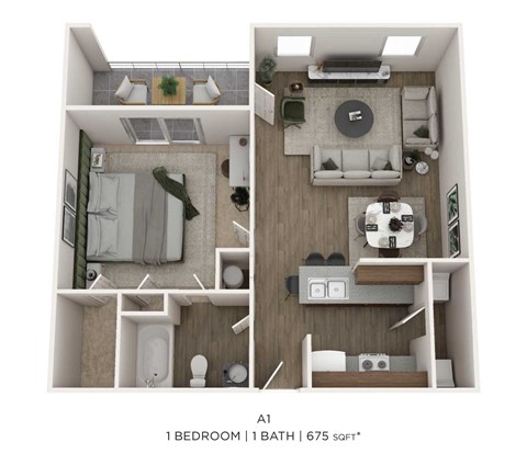 Floor plan for 1 bed, 1 bath, 675 sqft
