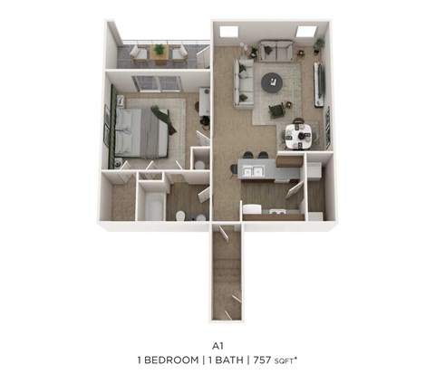 Floor plan for 1 bed, 1 bath, 757 sqft