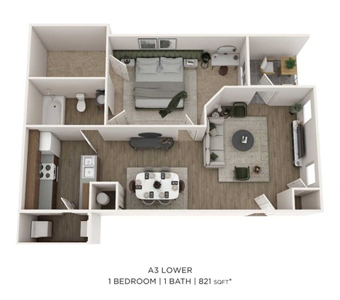 Floor plan for 1 bed, 1 bath, 821 sqft