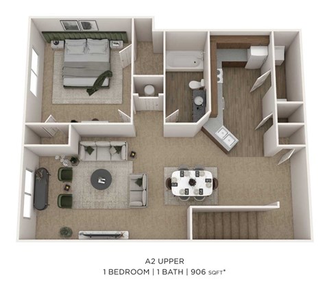 Floor plan for 1 bed, 1 bath, 906 sqft