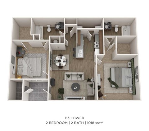 Floor plan for 2 beds, 2 baths, 1018 sqft