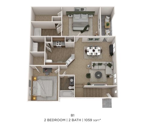 Floor plan for 2 beds, 2 baths, 1059 sqft