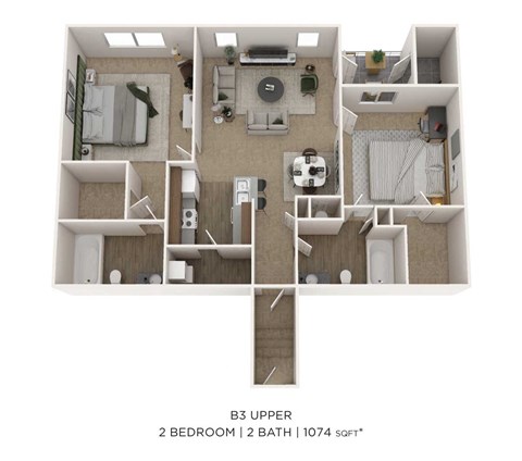 Floor plan for 2 beds, 2 baths, 1074 sqft