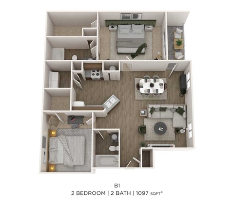 Floor plan for 2 beds, 2 baths, 1097 sqft