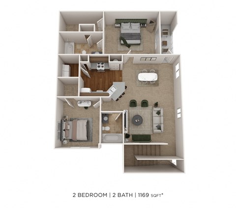 Floor plan for 2 beds, 2 baths, 1169 sqft