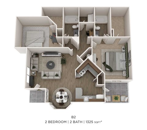 Floor plan for 2 beds, 2 baths, 1325 sqft