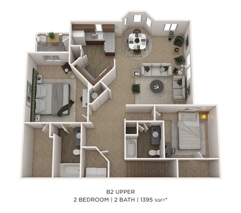 Floor plan for 2 beds, 2 baths, 1395 sqft