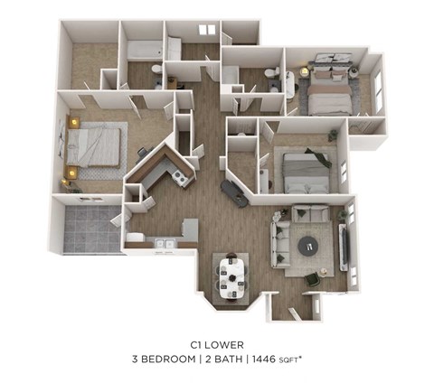 Floor plan for 3 beds, 2 baths, 1446 sqft